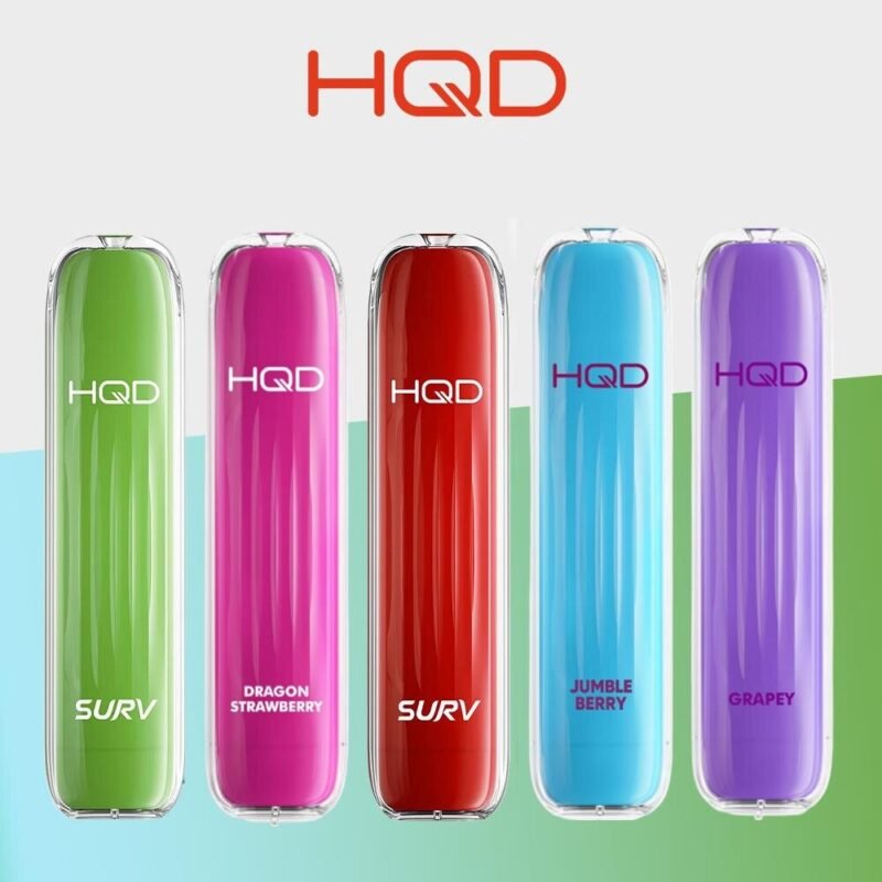 Sleek HQD vape devices in vibrant colours with fruity flavours in the background