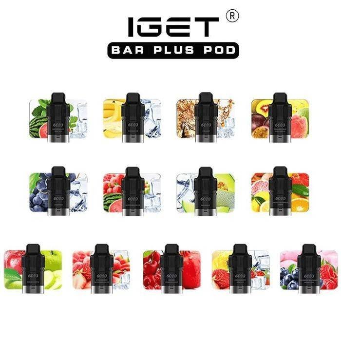 IGET Bar Plus pods and battery displayed on a clean surface